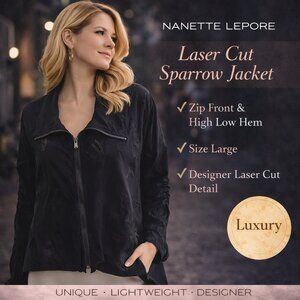 Nanette Lepore Jacket Lazer Cut Sparrow Black Lightweight High Low Full Zip